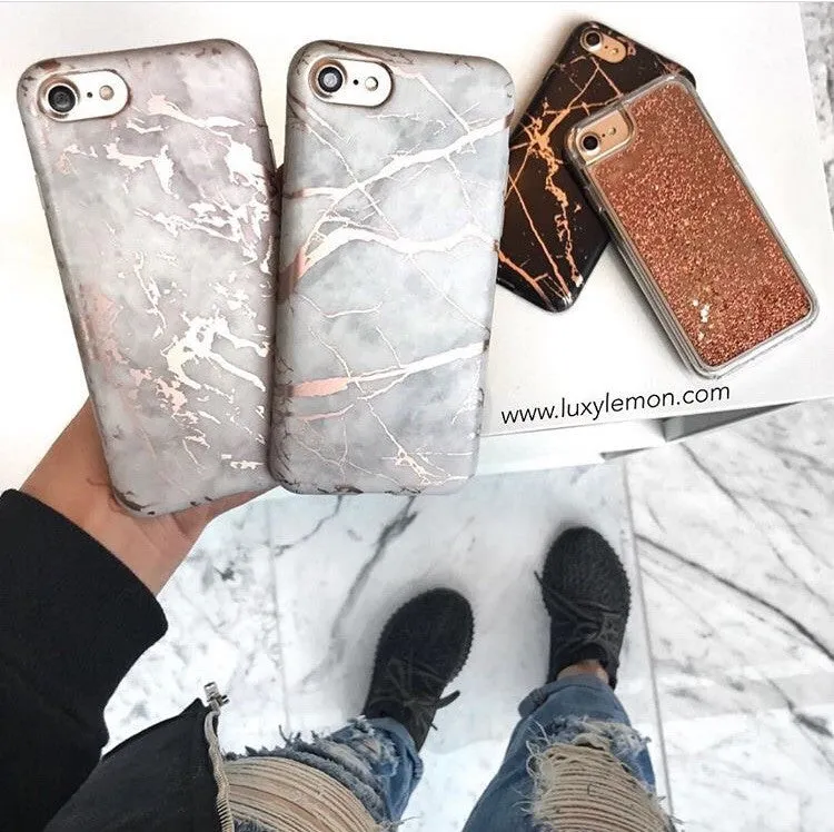 White & Rose Gold Metallic Brushed Marble Case