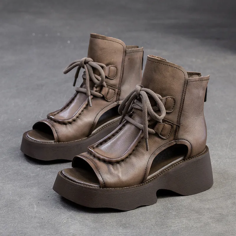 Women Retro Soft Leather High Top Platform Sandals