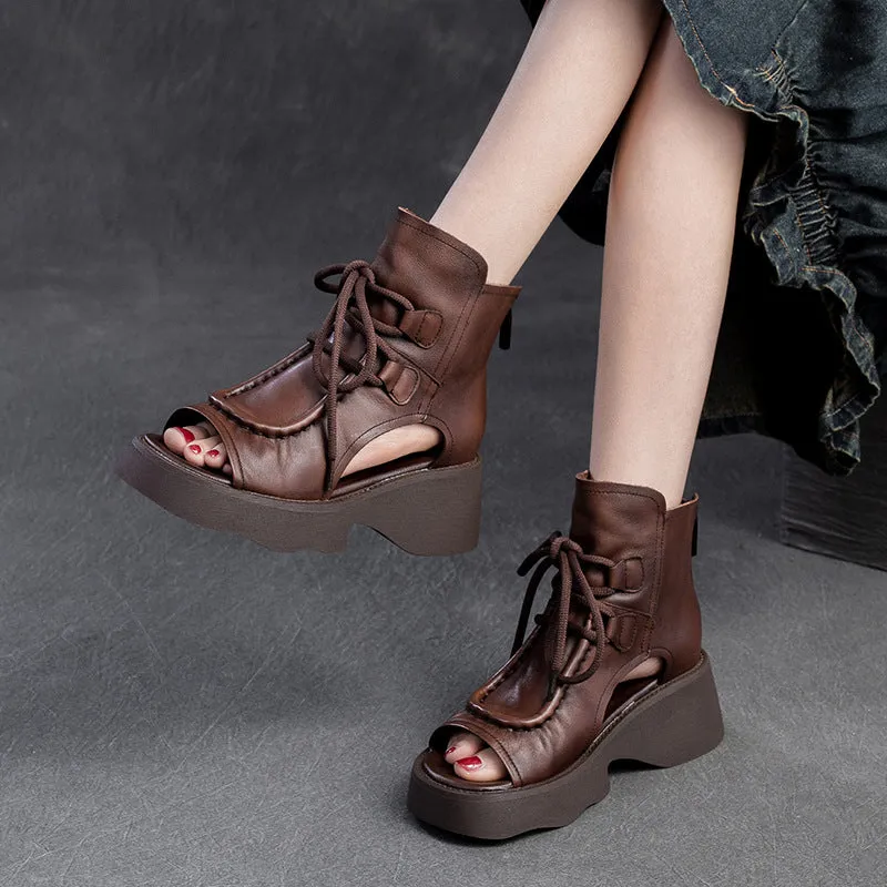 Women Retro Soft Leather High Top Platform Sandals