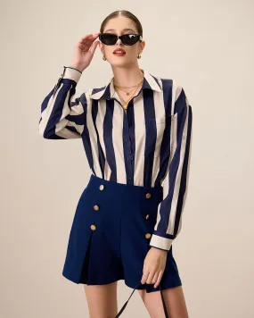 Women's Navy Lapel Long-Sleeve Striped Shirt