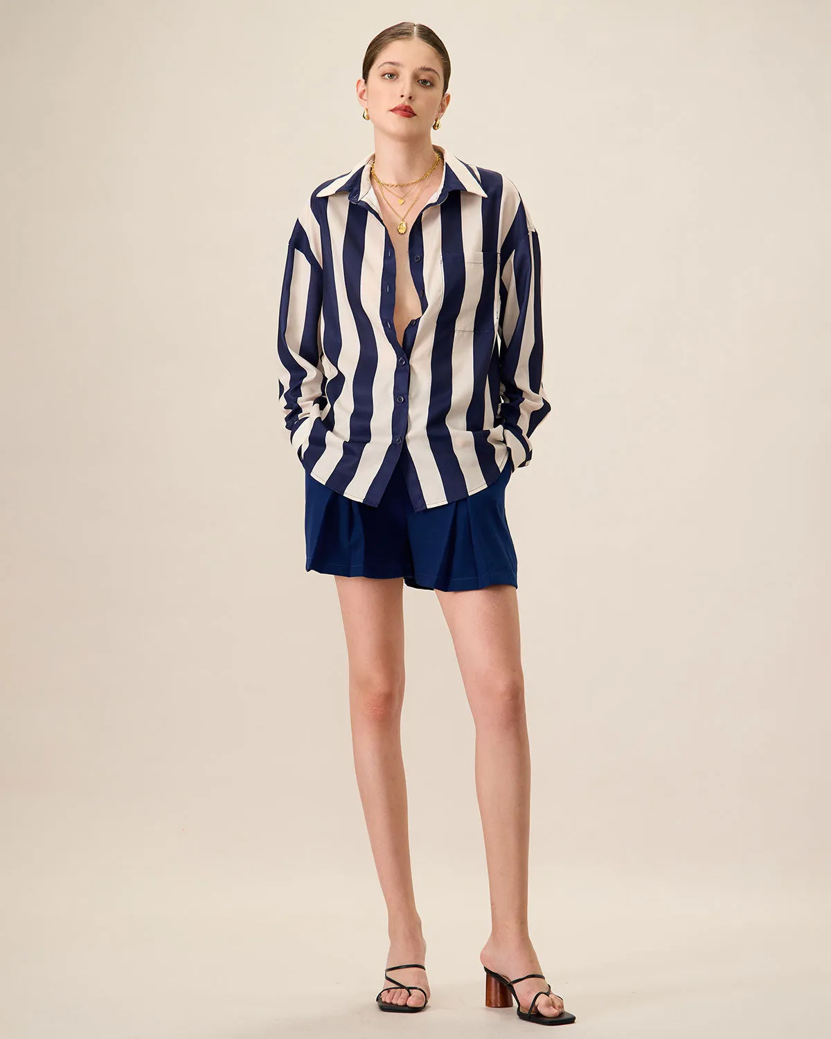 Women's Navy Lapel Long-Sleeve Striped Shirt