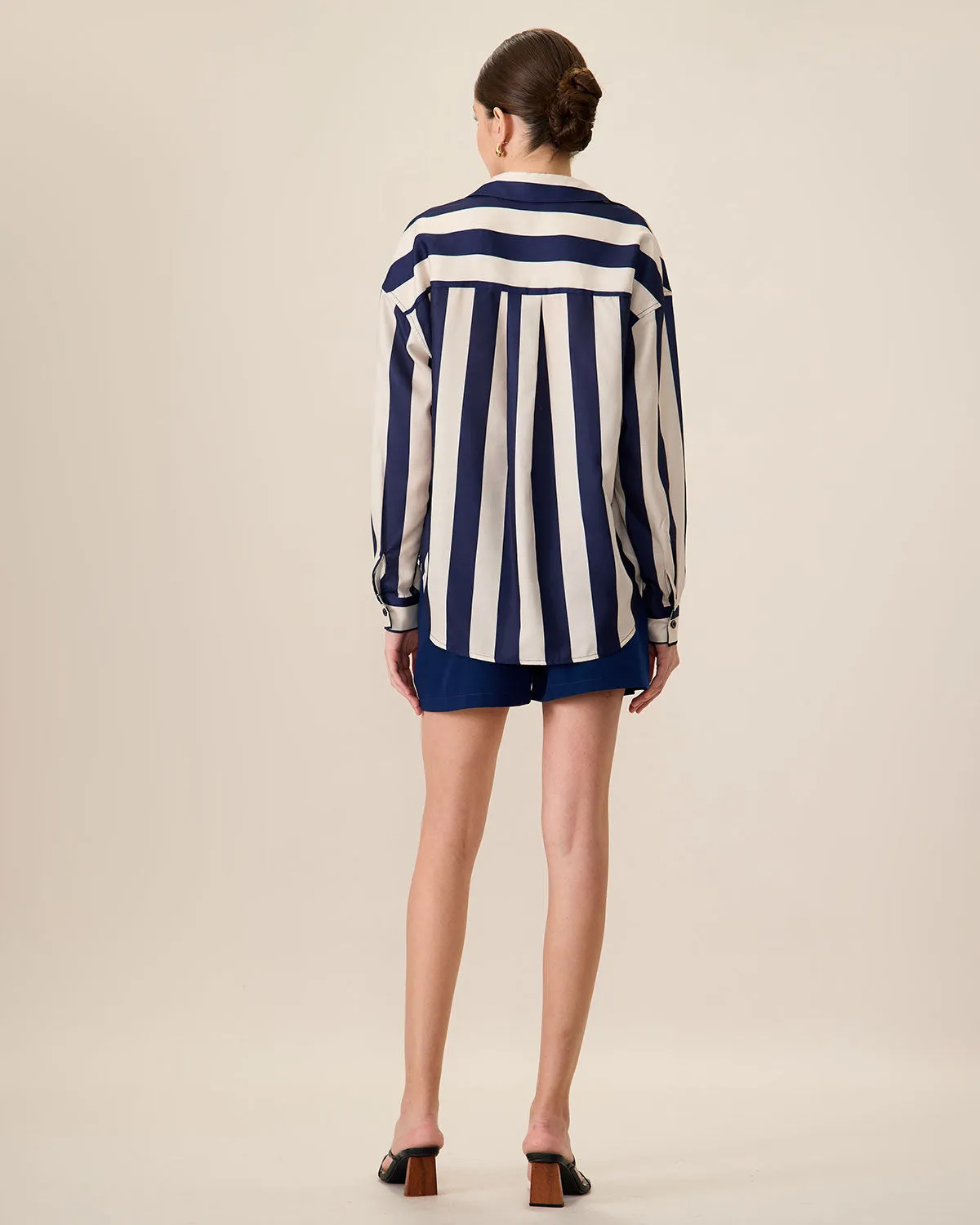 Women's Navy Lapel Long-Sleeve Striped Shirt