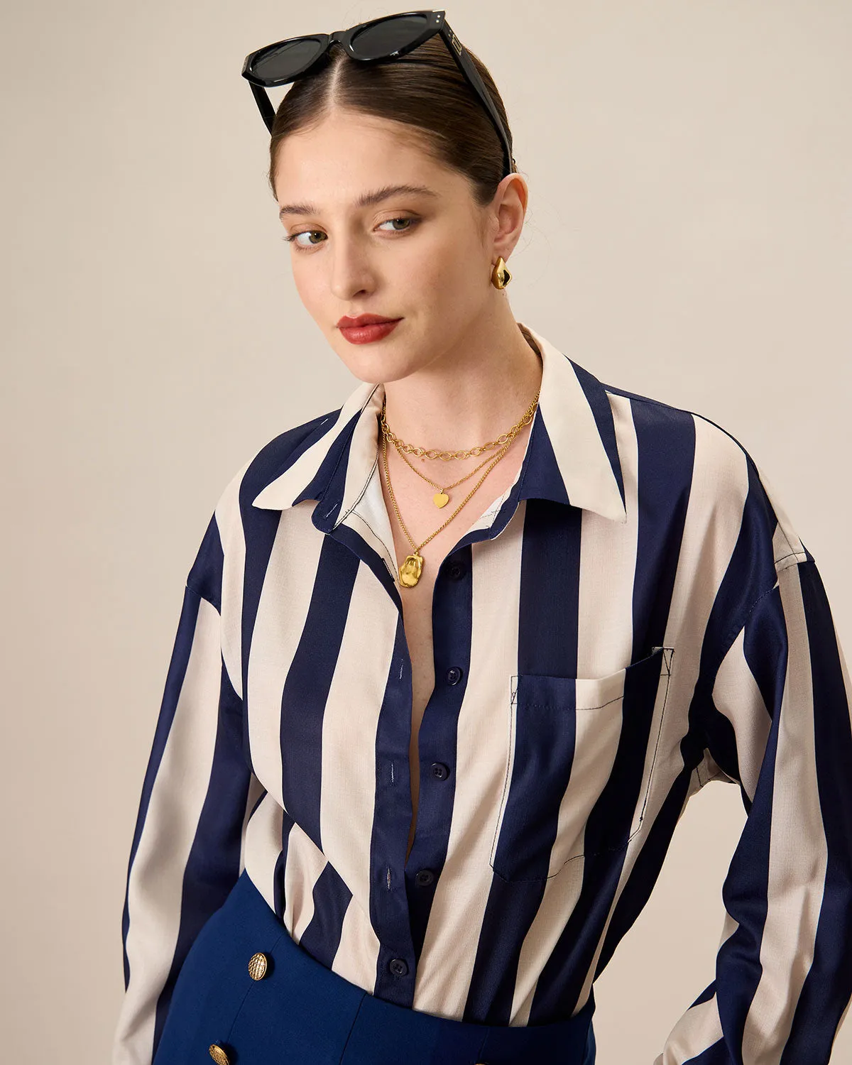 Women's Navy Lapel Long-Sleeve Striped Shirt