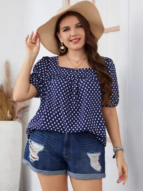 Women's Plus Size Chiffon Short Sleeve Square Neck Polka Dot Top